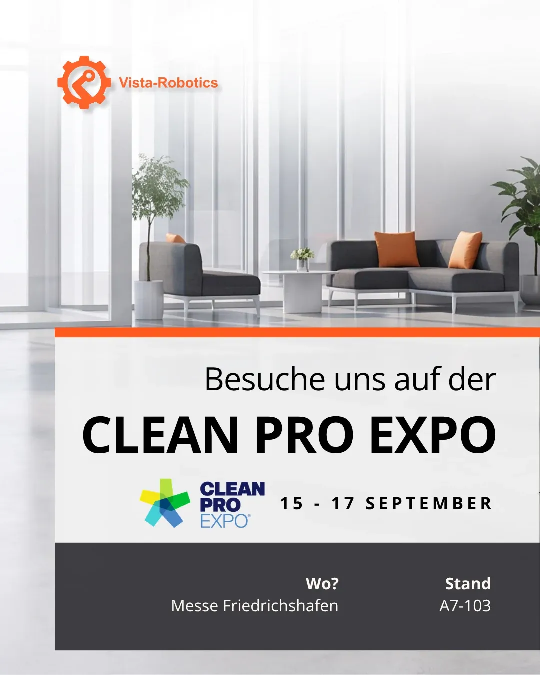 Messeankündigung von Vista-Robotics zur Clean Pro Expo 2026 in Friedrichshafen, Stand A7-103