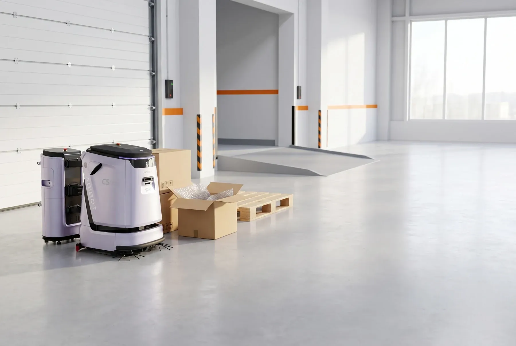 Ausgepackter Roboter mit Workstation in einer Lagerhalle